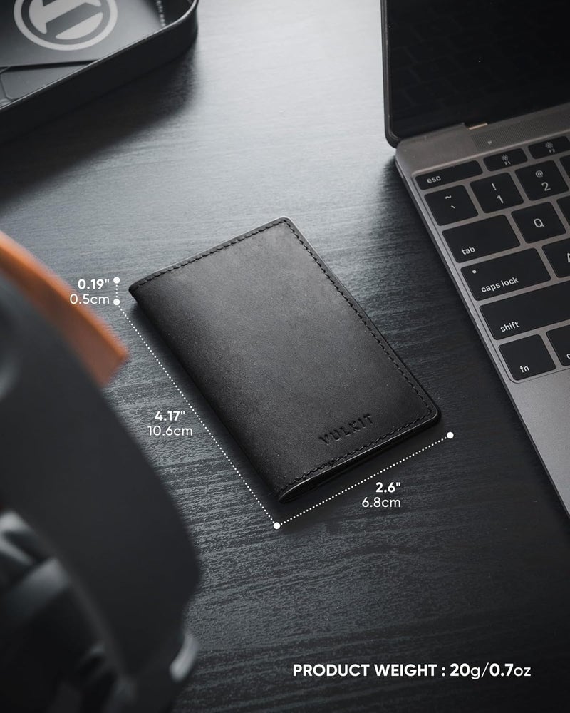 VULKIT حامل بطاقات العمل من الجلد الأصلي ذو جانبين نحيف منظم لبطاقات العمل للرجال أو النساء، يحمل حتى 20 بطاقة (أسود أصلي) - Image 5